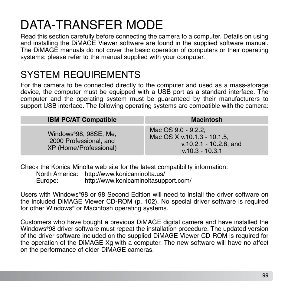 Data-transfer mode, System requirements | Konica Minolta DiMAGE Xg User Manual | Page 99 / 132