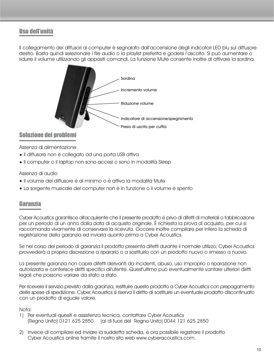 Uso dellunità soluzione dei problemi, Garanzia | Cyber Acoustics CA-2908 User Manual | Page 11 / 15