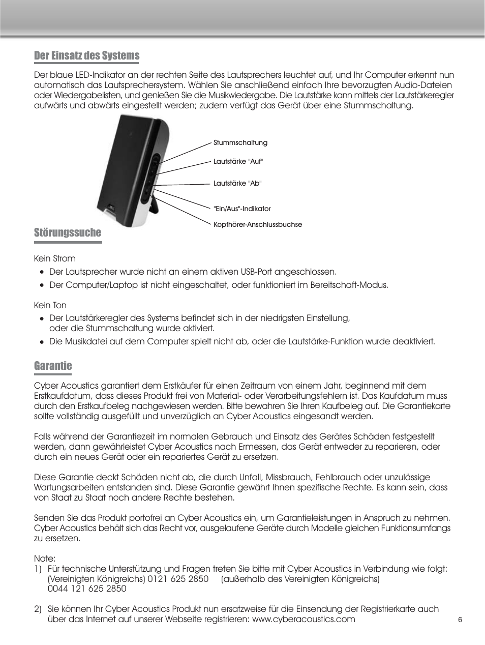 Der einsatz des systems störungssuche, Garantie | Cyber Acoustics CA-2908 User Manual | Page 7 / 15