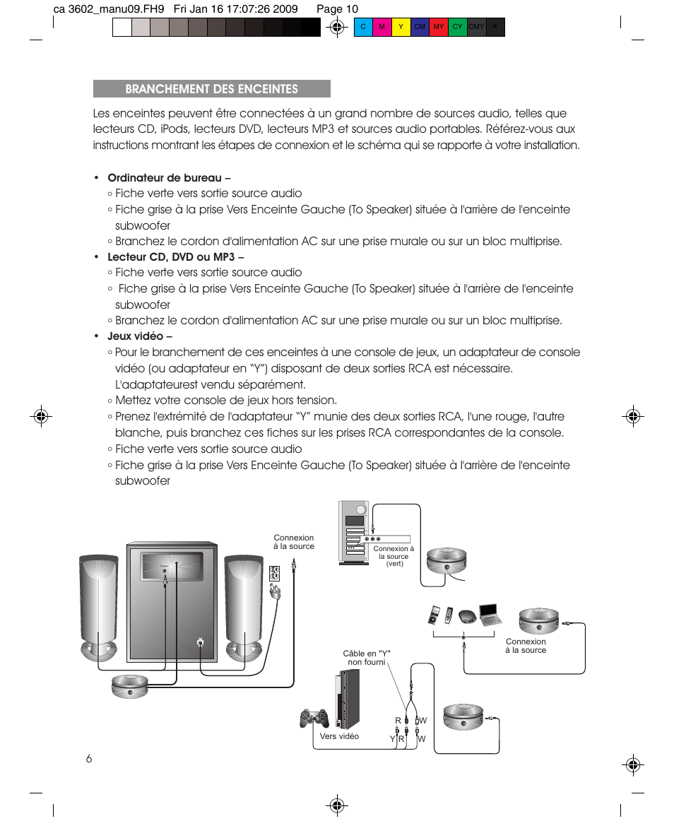 Branchement des enceintes, Fiche verte vers sortie source audio, Mettez votre console de jeux hors tension | Cyber Acoustics CA-3602 User Manual | Page 10 / 17