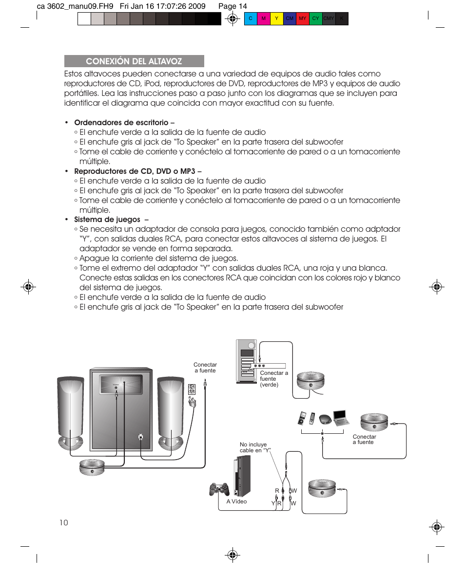 Conexión del altavoz | Cyber Acoustics CA-3602 User Manual | Page 14 / 17