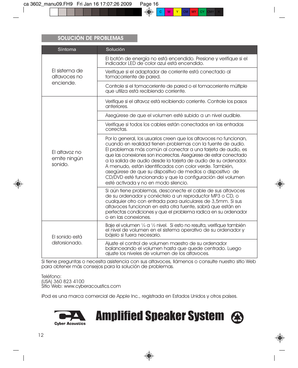 Amplified speaker system | Cyber Acoustics CA-3602 User Manual | Page 16 / 17