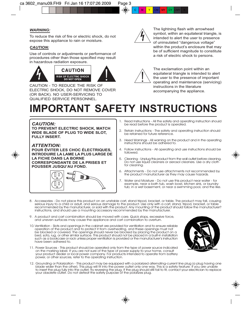 Important safety instructions, Caution, Attention | Cyber Acoustics CA-3602 User Manual | Page 3 / 17