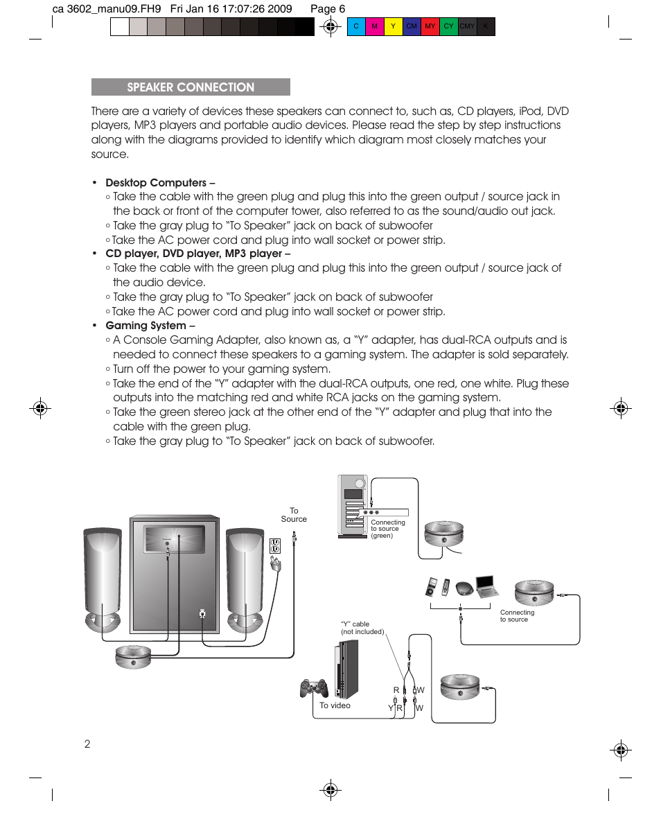 Speaker connection, Turn off the power to your gaming system | Cyber Acoustics CA-3602 User Manual | Page 6 / 17