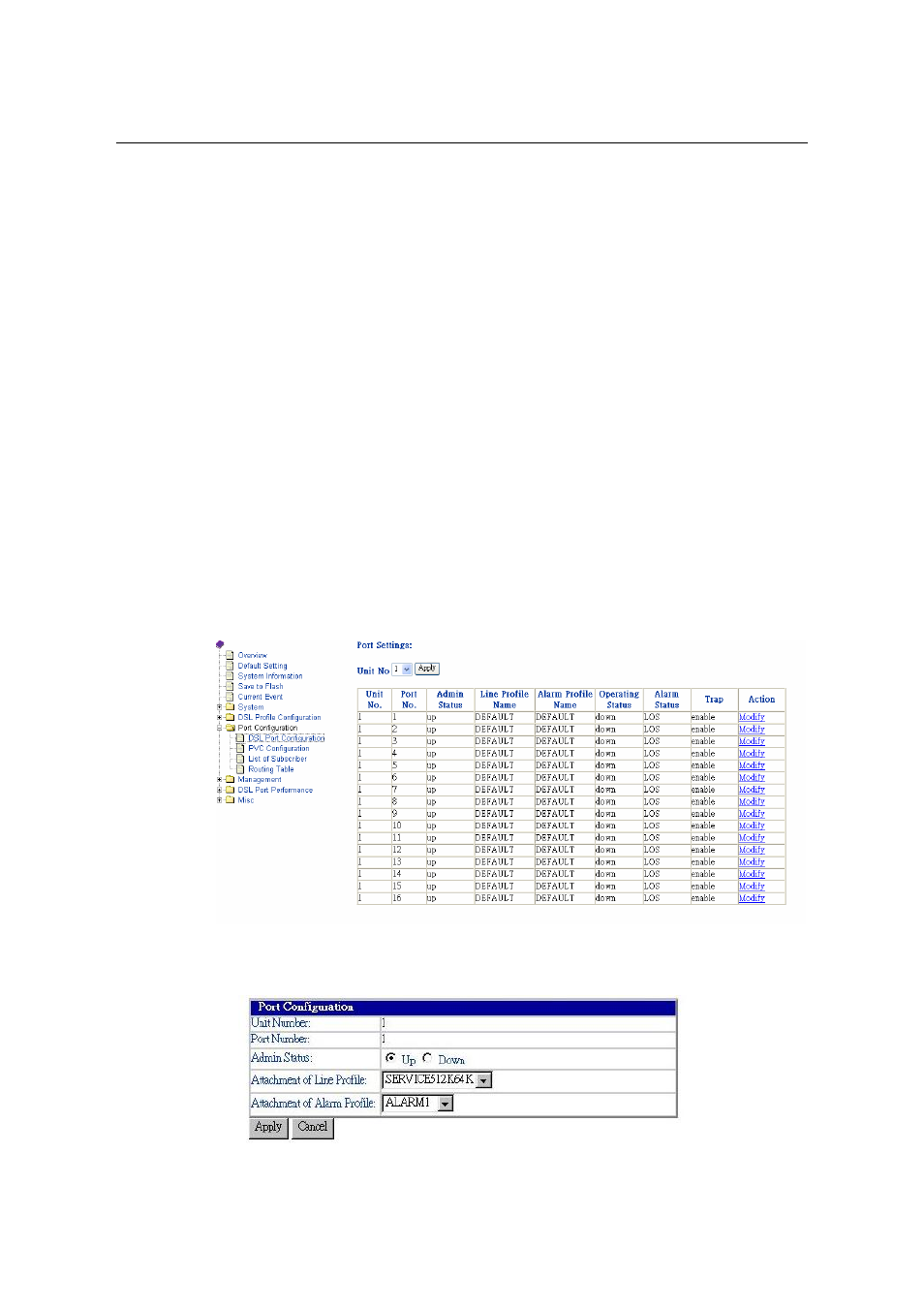 9 port configuration, Dsl port configuration{dsl port configuration | CTC Store CTS Union IP DSLAM for ADSL IPDSLAM-A8/A16 User Manual | Page 43 / 140