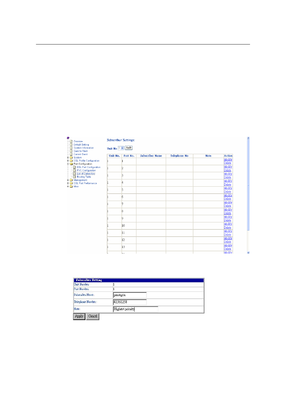 List of subscriber {list of subscriber | CTC Store CTS Union IP DSLAM for ADSL IPDSLAM-A8/A16 User Manual | Page 46 / 140