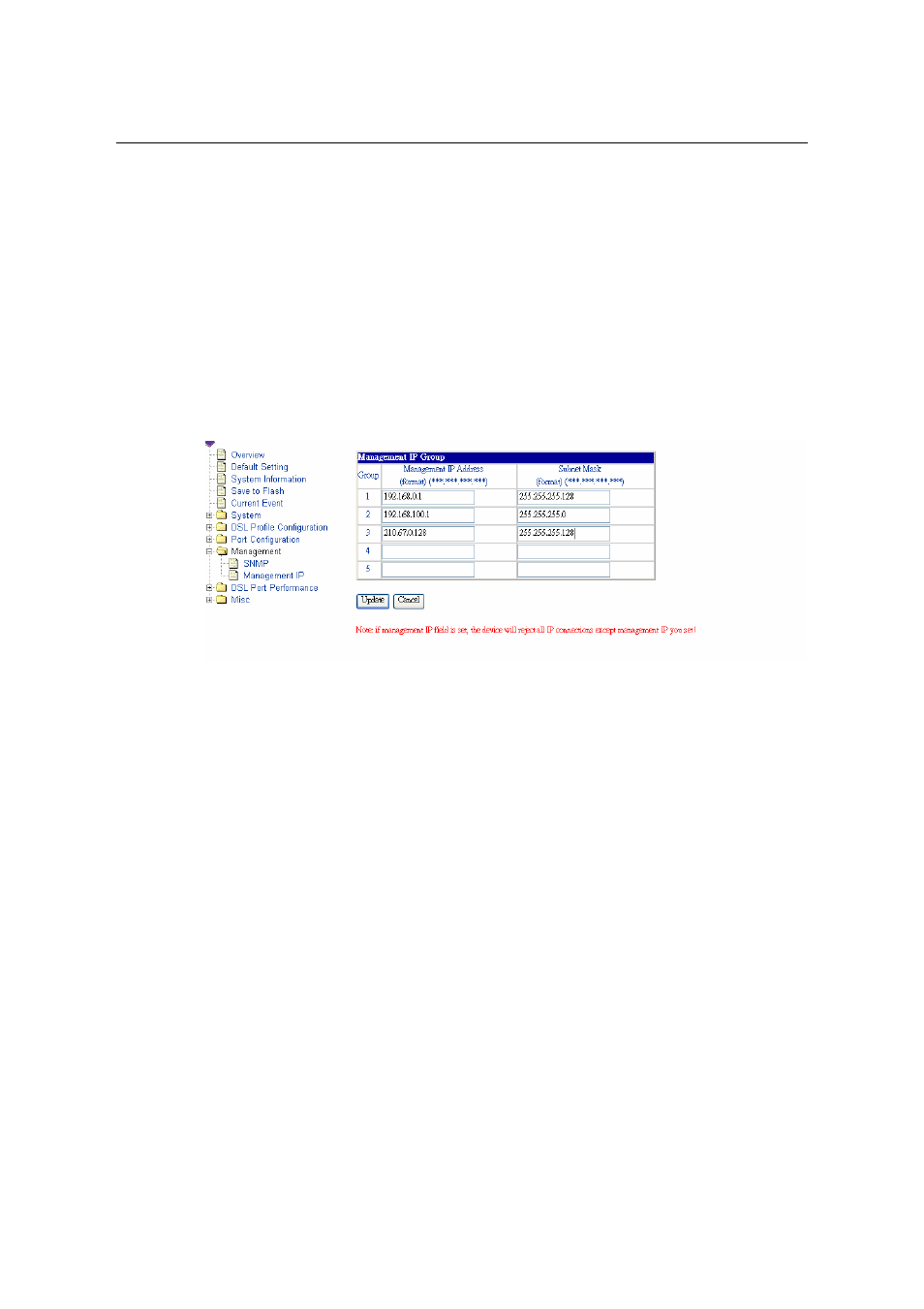Configuring management ip {management ip | CTC Store CTS Union IP DSLAM for ADSL IPDSLAM-A8/A16 User Manual | Page 49 / 140