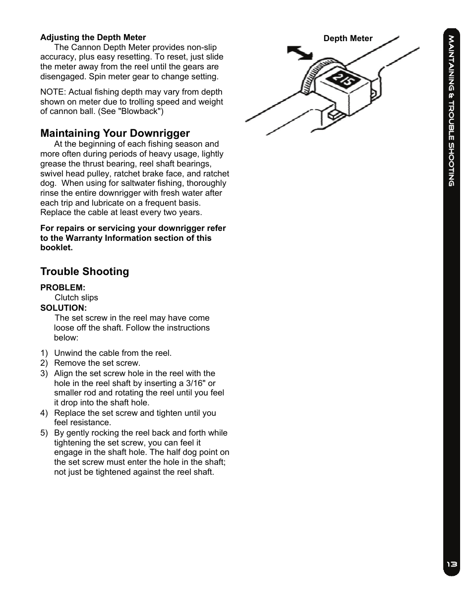 Maintaining your downrigger, Trouble shooting | Cannon LAKE-TROLL User Manual | Page 13 / 16