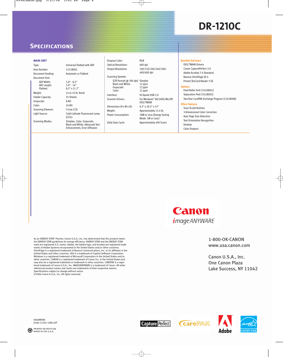 Specifications | Canon DR-1210C User Manual | Page 4 / 4