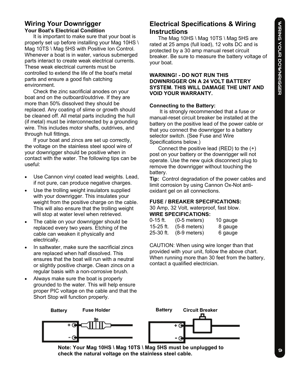 Wiring your downrigger, Electrical specifications & wiring instructions | Cannon MAG 10HS User Manual | Page 9 / 16