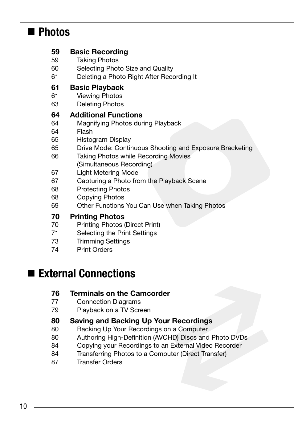 Photos, External connections | Canon HG20 User Manual | Page 10 / 129