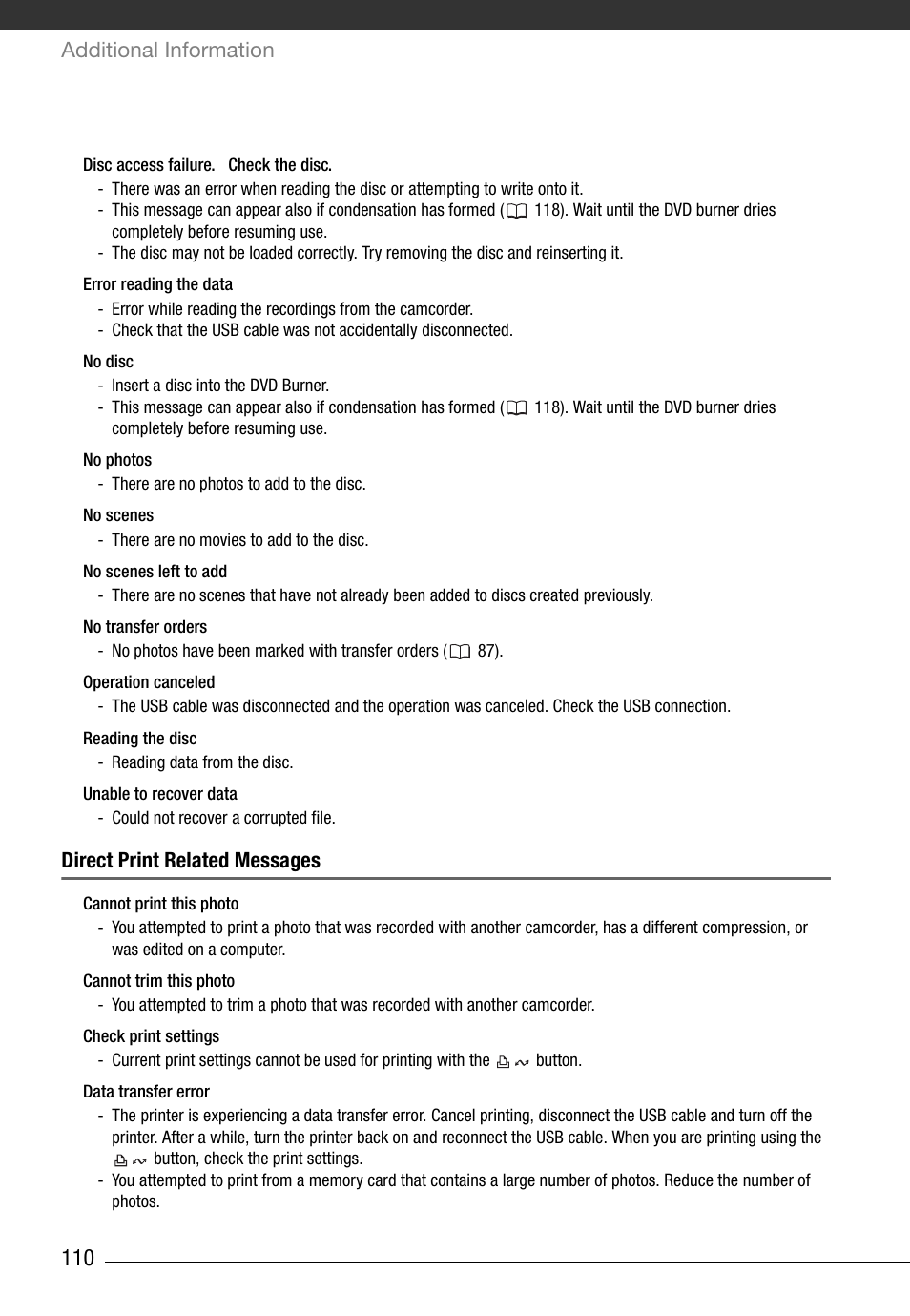 Additional information, Direct print related messages | Canon HG20 User Manual | Page 110 / 129