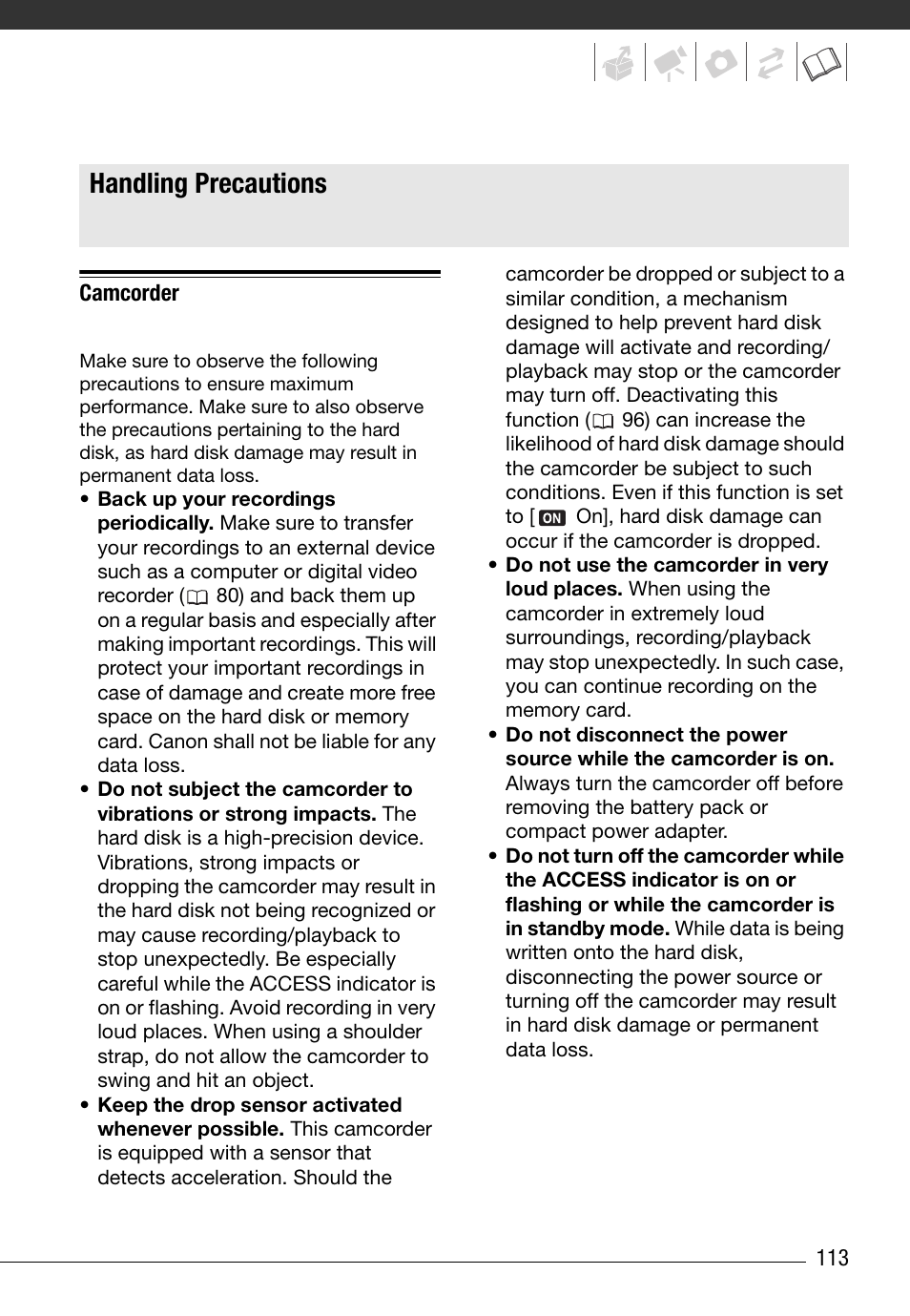 Do’s and don’ts, Handling precautions | Canon HG20 User Manual | Page 113 / 129