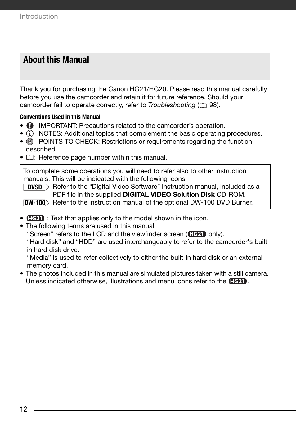 About this manual | Canon HG20 User Manual | Page 12 / 129