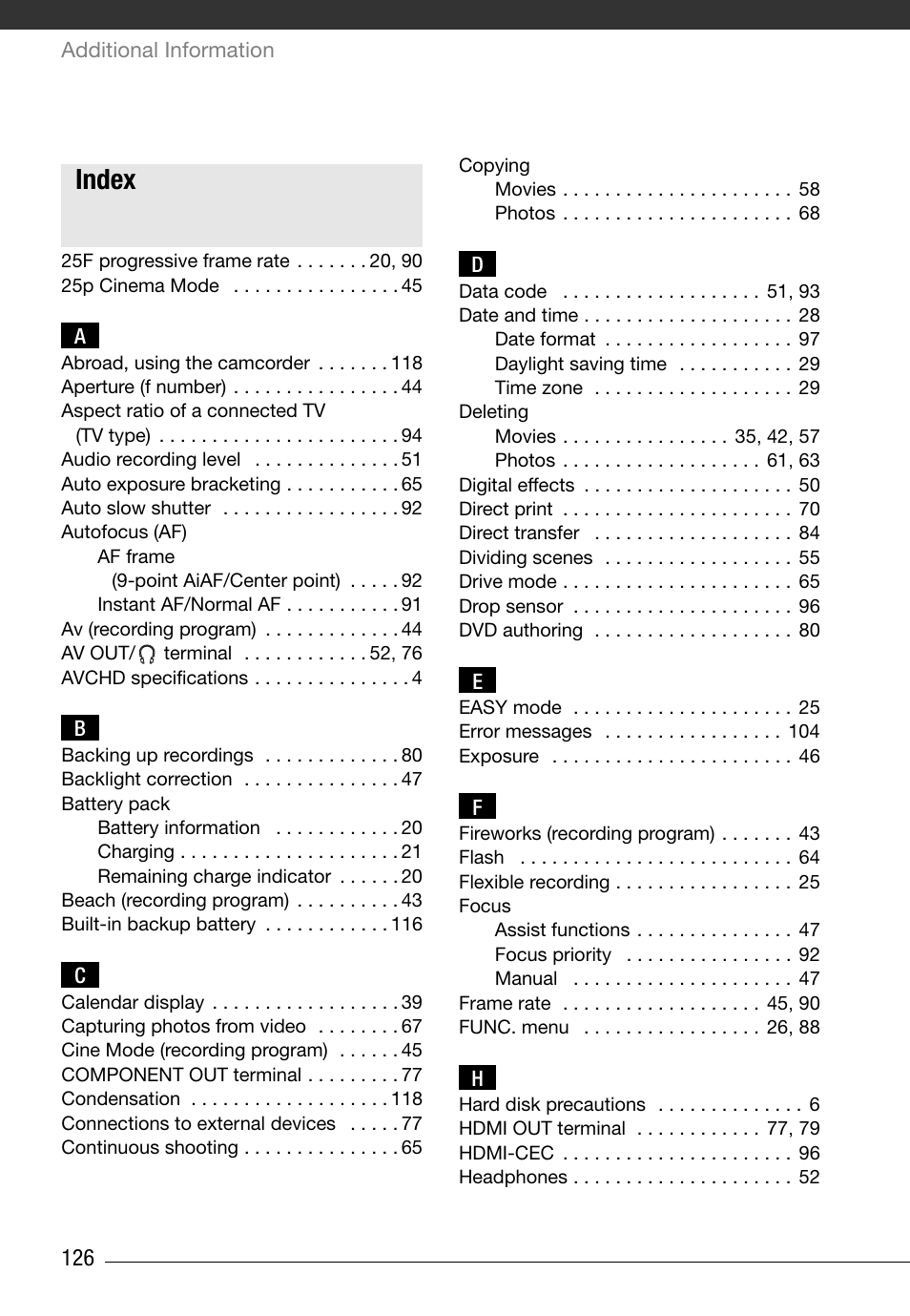 Index | Canon HG20 User Manual | Page 126 / 129