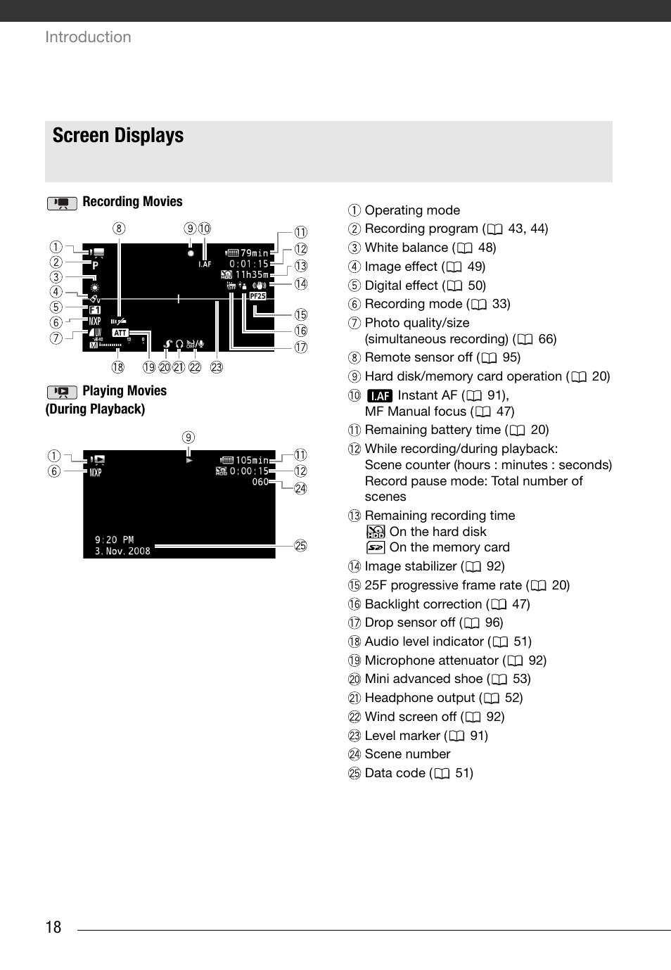 Screen displays, Introduction | Canon HG20 User Manual | Page 18 / 129