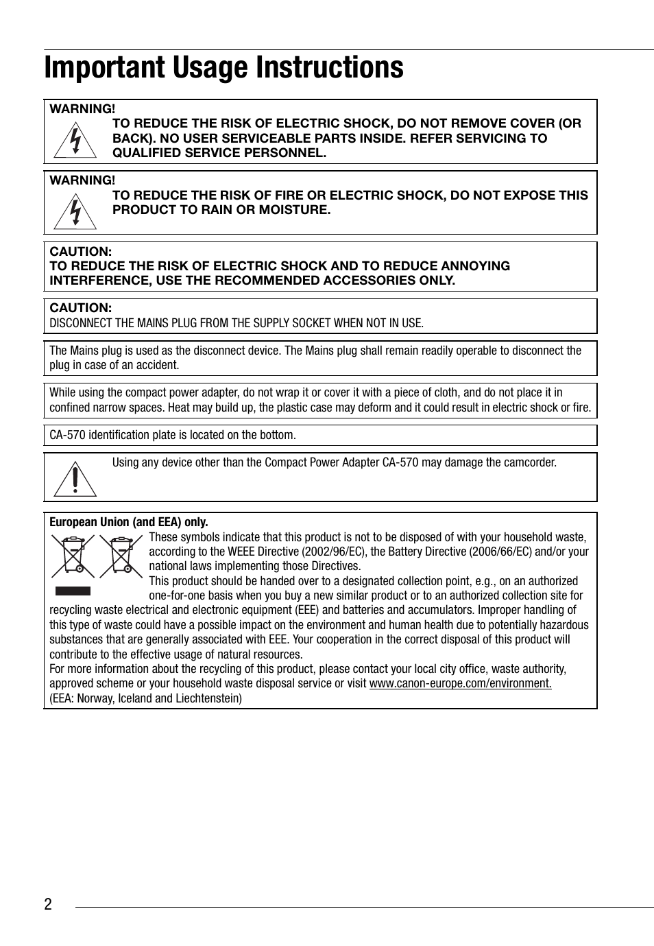 Introduction, Important usage instructions | Canon HG20 User Manual | Page 2 / 129