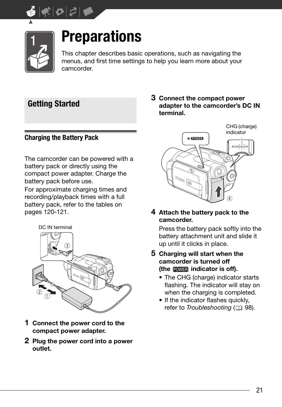 Preparations, Getting started, Charging the battery pack | Canon HG20 User Manual | Page 21 / 129