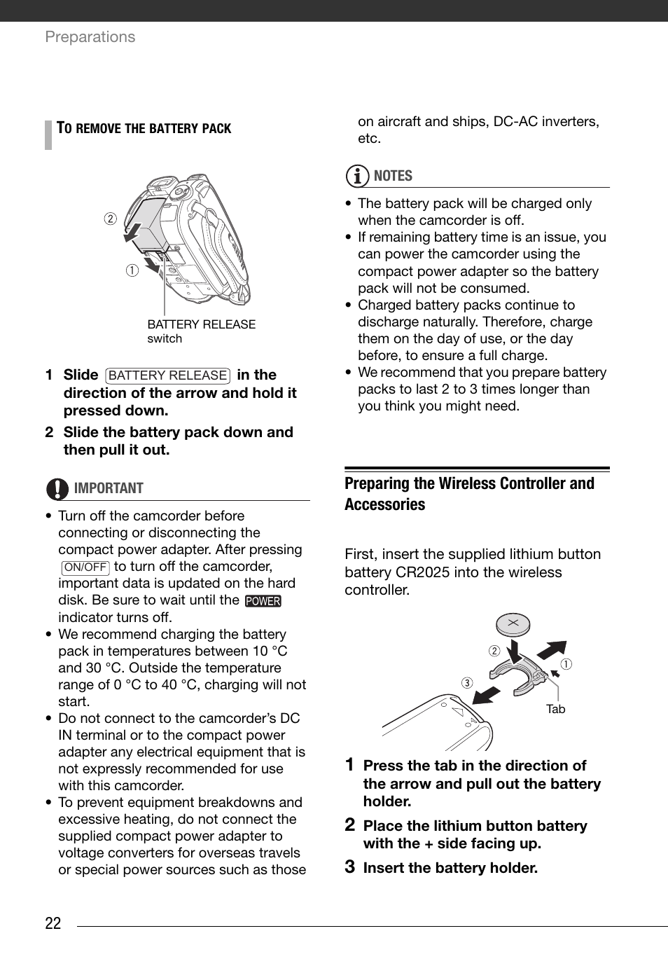 Preparing the wireless controller and accessories | Canon HG20 User Manual | Page 22 / 129