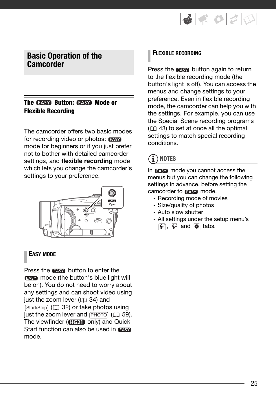 Basic operation of the camcorder, The easy button: easy mode or flexible recording | Canon HG20 User Manual | Page 25 / 129