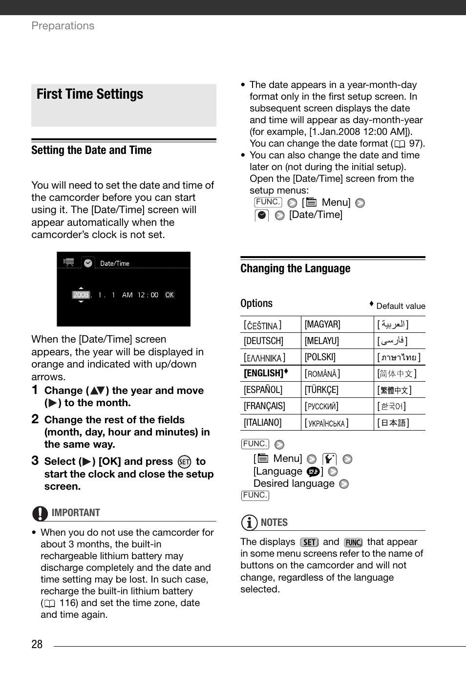 First time settings, Setting the date and time, Changing the language | 28 setting the date and time | Canon HG20 User Manual | Page 28 / 129