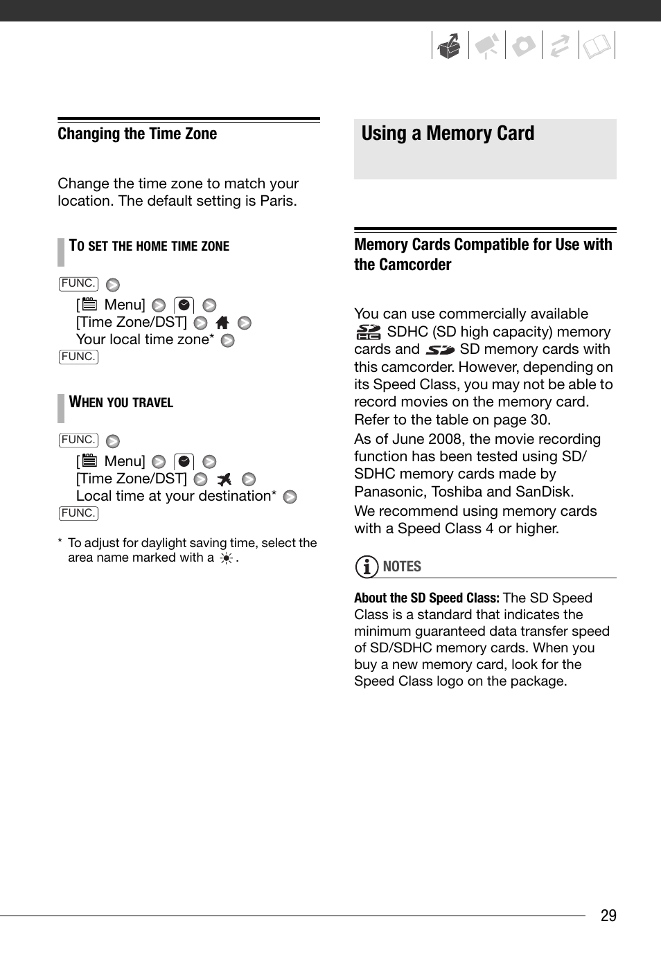Changing the time zone, Using a memory card, Memory cards compatible for use with the camcorder | Canon HG20 User Manual | Page 29 / 129