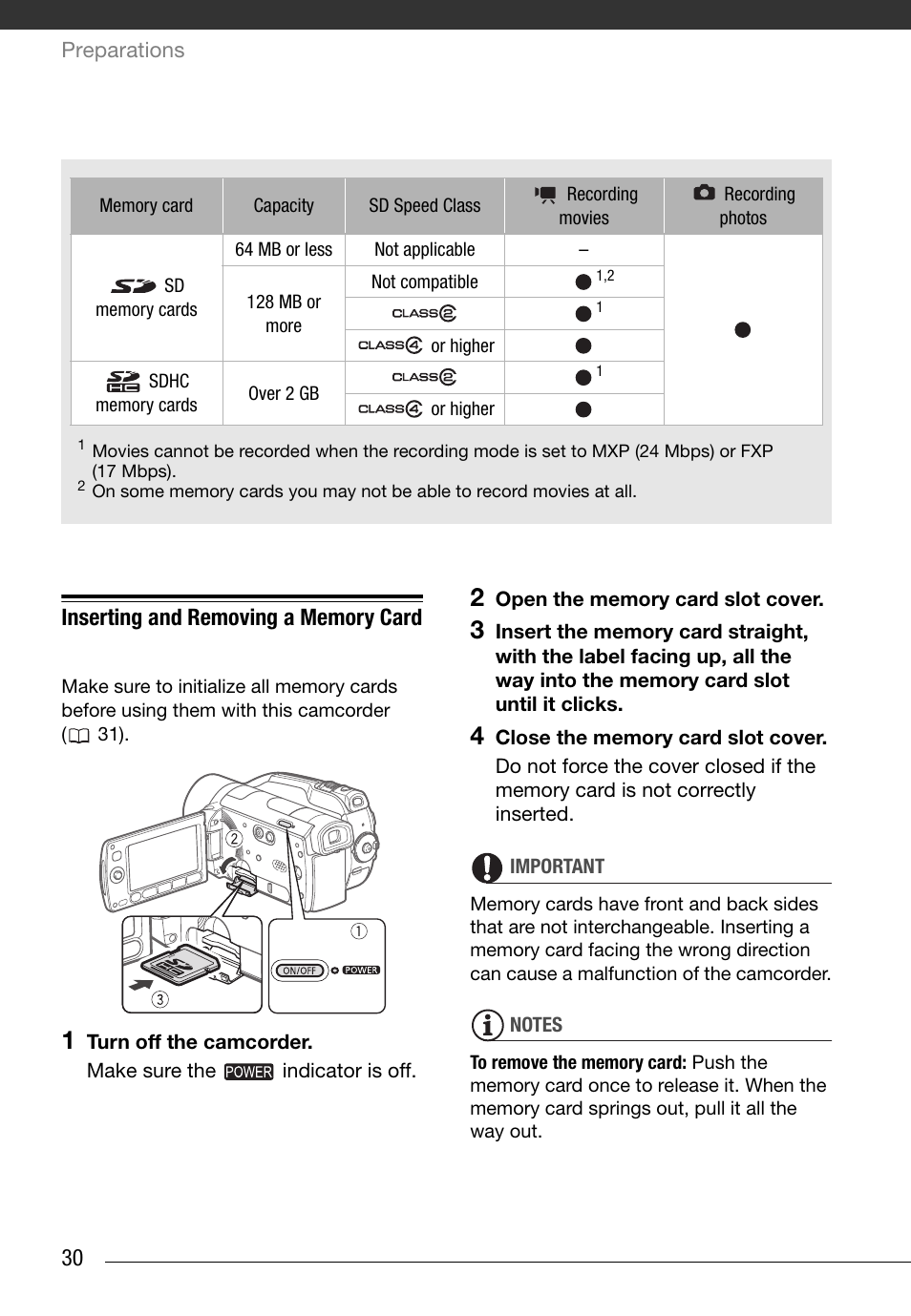 Inserting and removing a memory card | Canon HG20 User Manual | Page 30 / 129