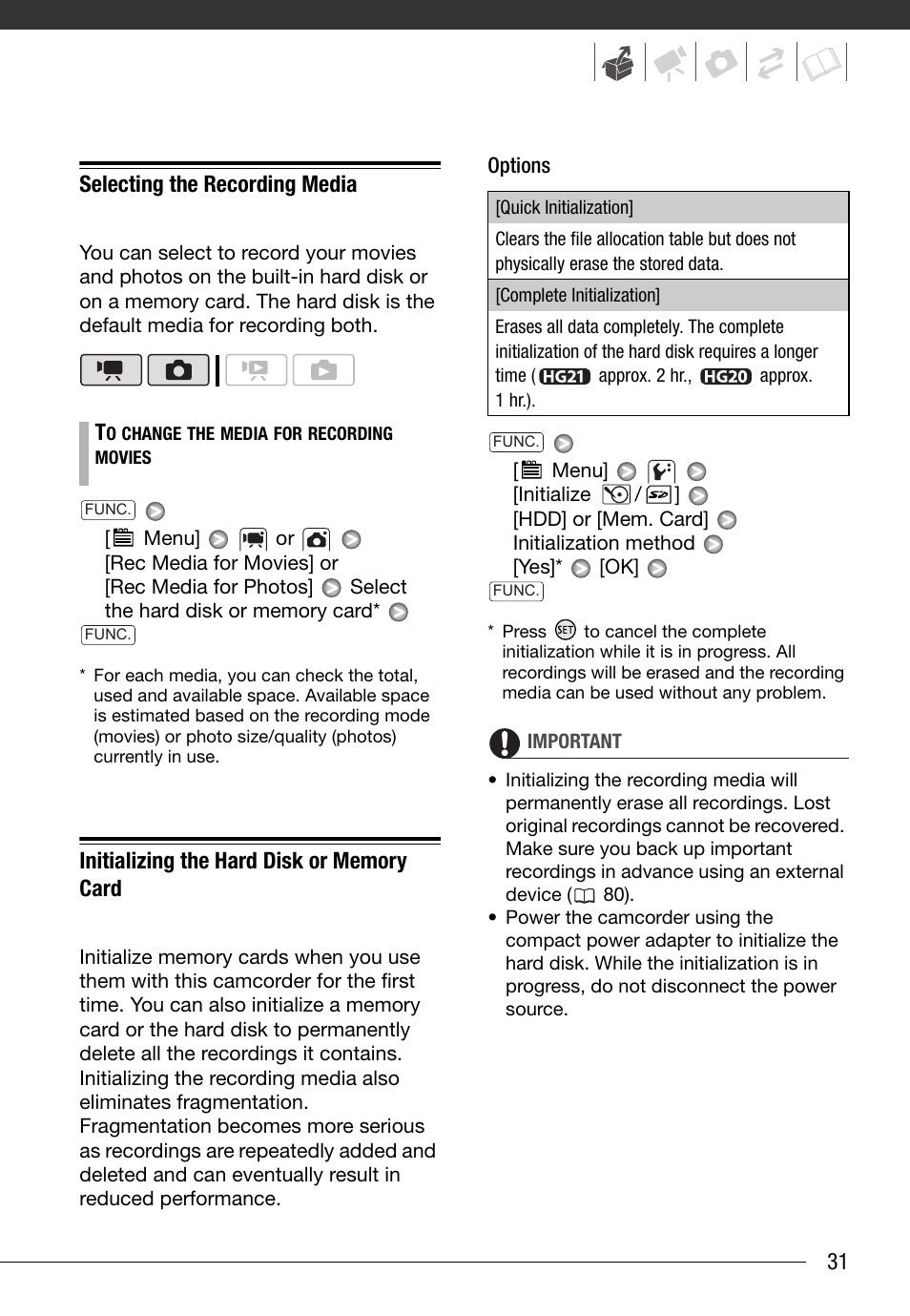 Selecting the recording media, Initializing the hard disk or memory card | Canon HG20 User Manual | Page 31 / 129