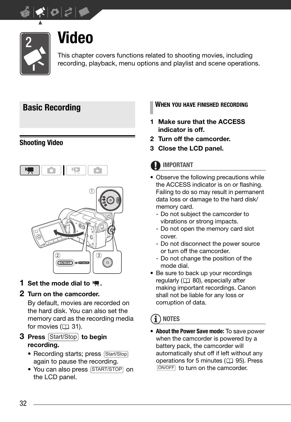 Video, Basic recording, Shooting video | Canon HG20 User Manual | Page 32 / 129
