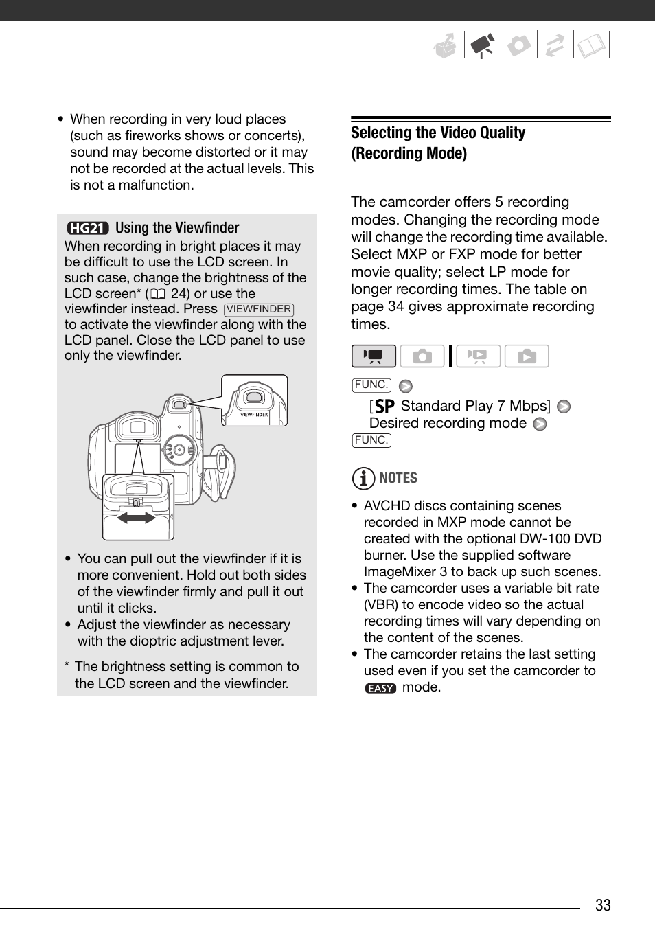 Selecting the video quality (recording mode) | Canon HG20 User Manual | Page 33 / 129