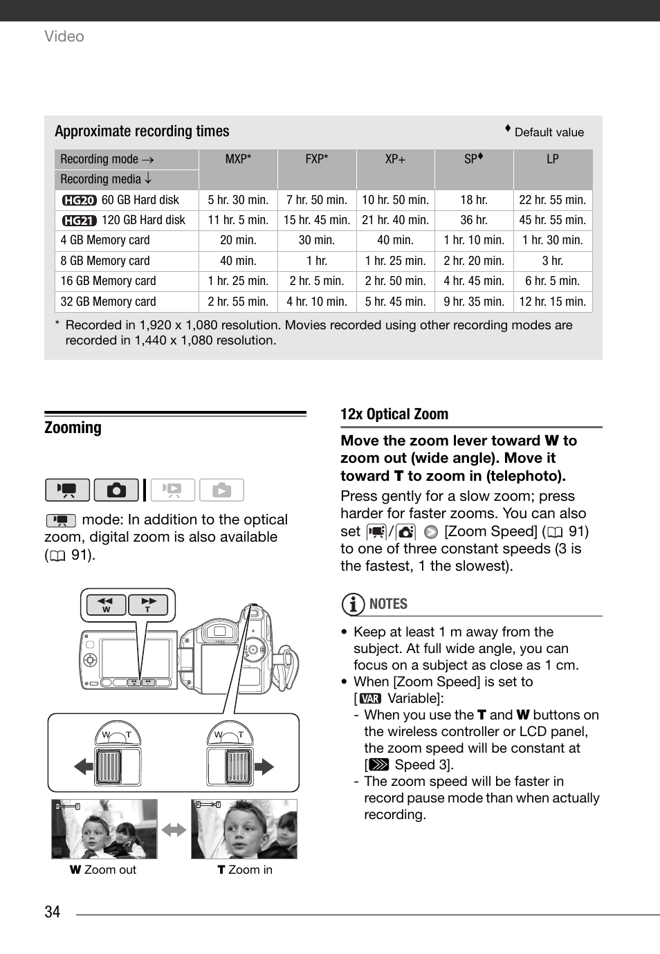 Zooming, 34 zooming, Video | 12x optical zoom, Approximate recording times | Canon HG20 User Manual | Page 34 / 129