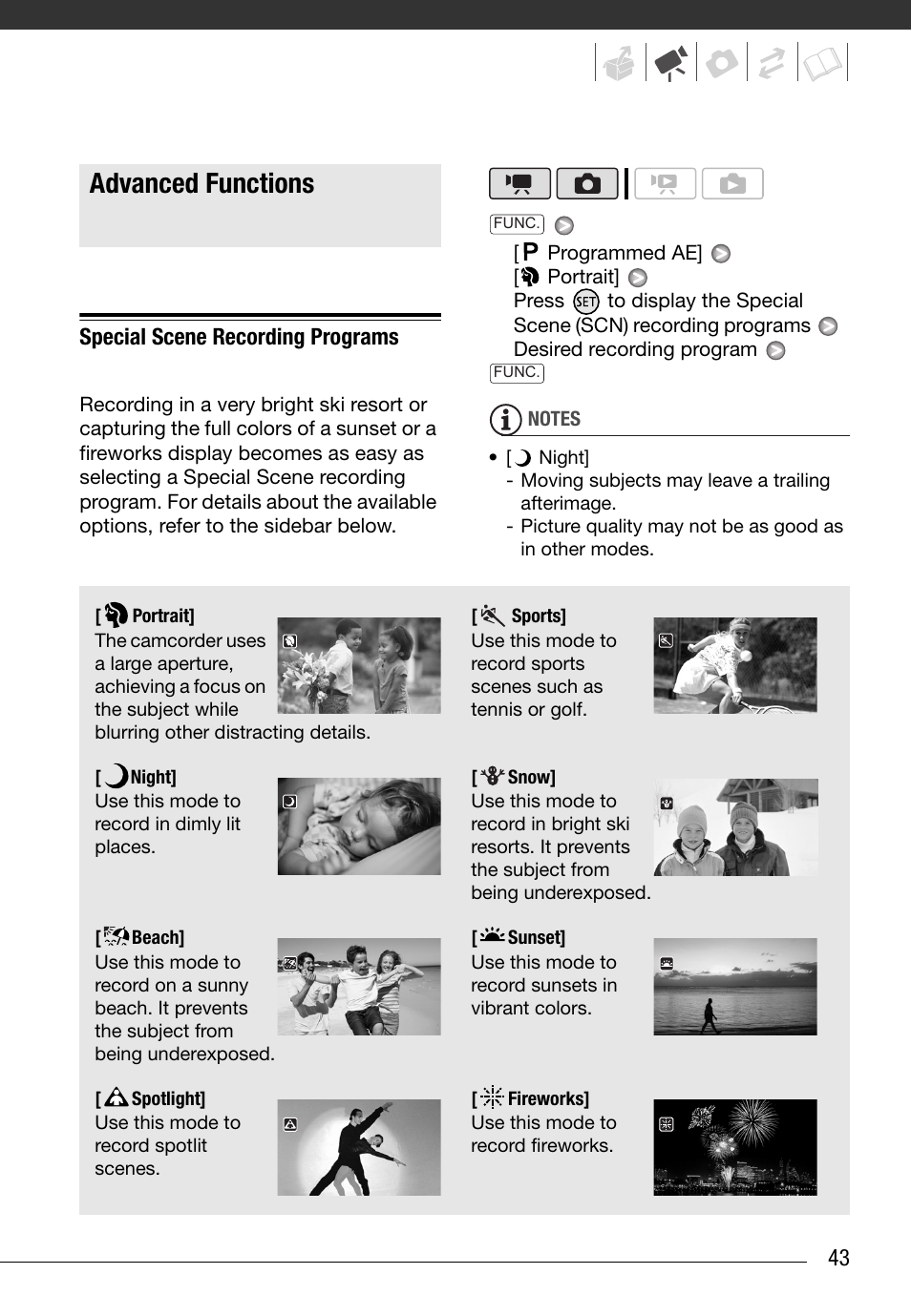 Advanced functions, Special scene recording programs, 43 special scene recording programs | Canon HG20 User Manual | Page 43 / 129