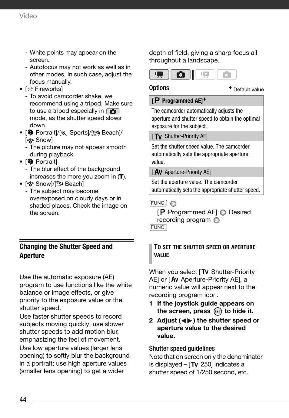 Changing the shutter speed and aperture | Canon HG20 User Manual | Page 44 / 129