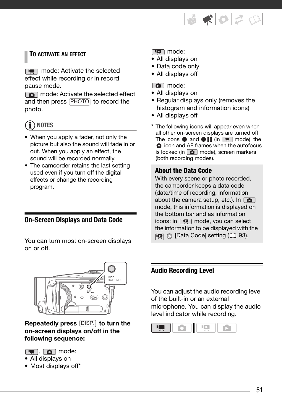 On-screen displays and data code, Audio recording level | Canon HG20 User Manual | Page 51 / 129