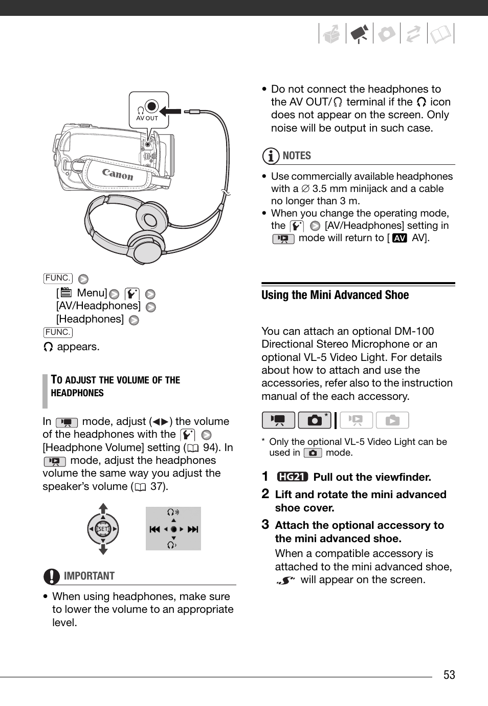 Using the mini advanced shoe | Canon HG20 User Manual | Page 53 / 129