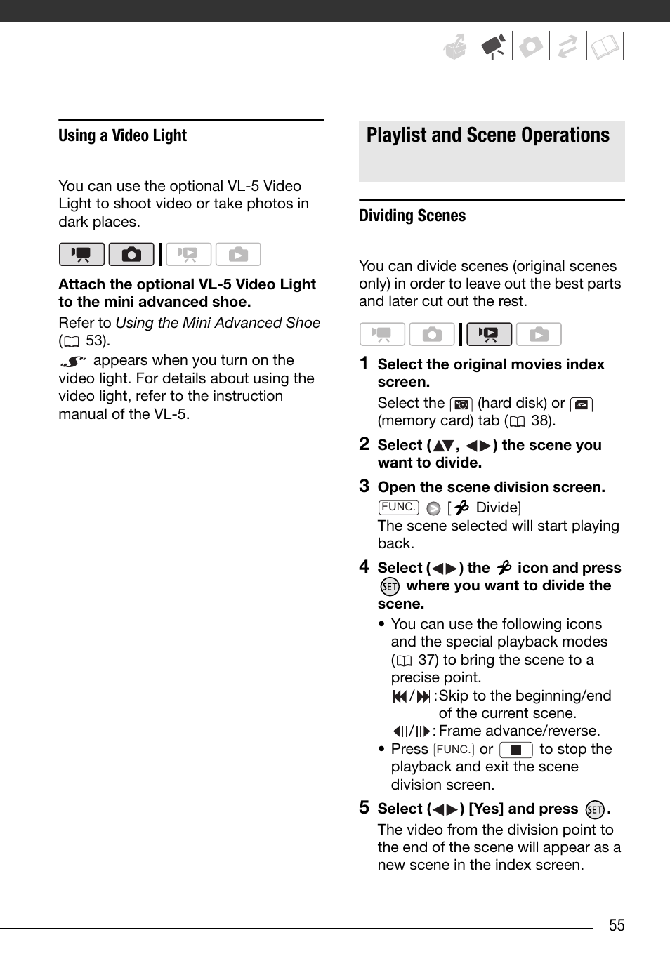 Using a video light, Playlist and scene operations, Dividing scenes | Canon HG20 User Manual | Page 55 / 129