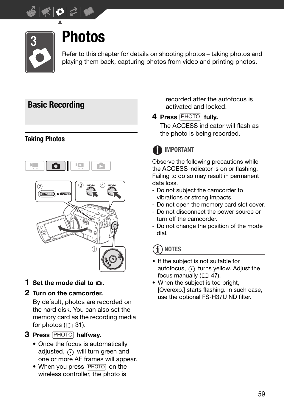 Photos, Basic recording, Taking photos | Canon HG20 User Manual | Page 59 / 129