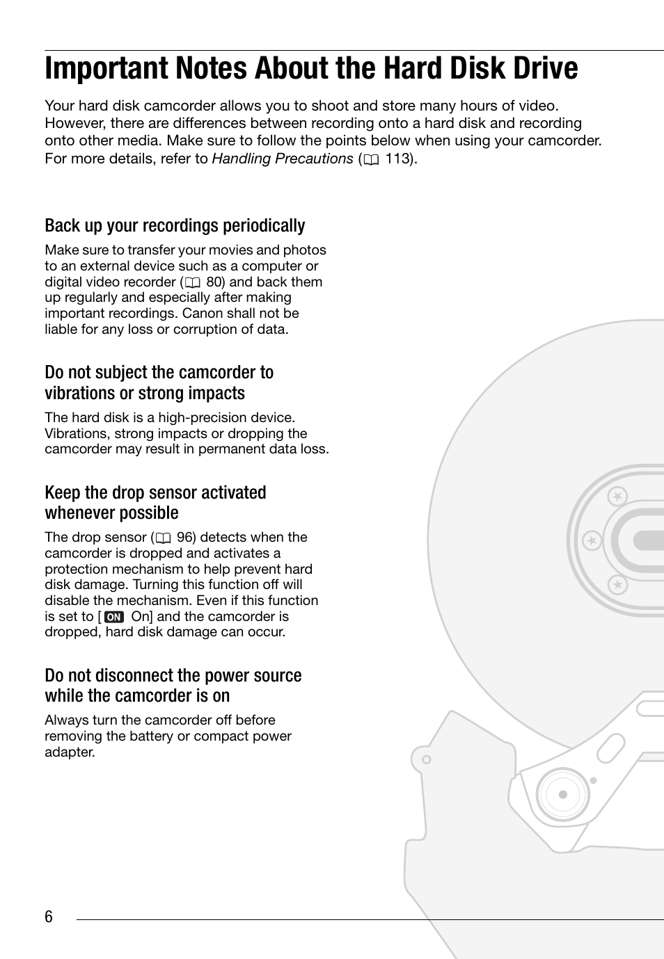 Important notes about the hard disk drive | Canon HG20 User Manual | Page 6 / 129