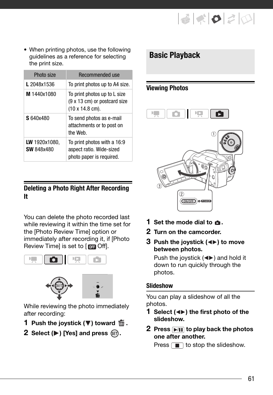 Deleting a photo right after recording it, Basic playback, Viewing photos | Canon HG20 User Manual | Page 61 / 129