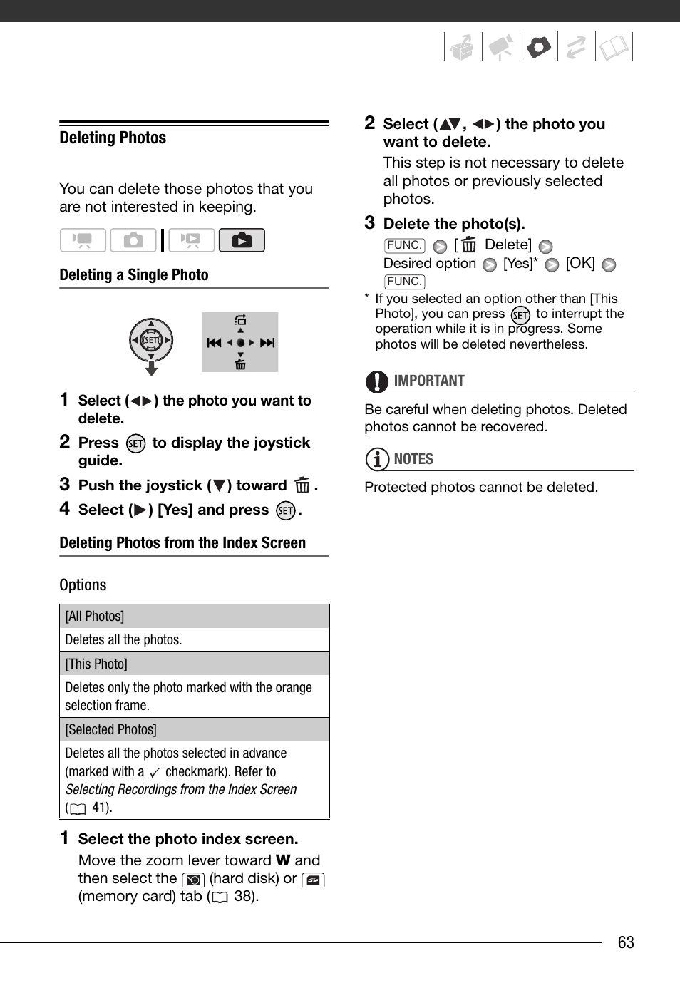 Deleting photos | Canon HG20 User Manual | Page 63 / 129