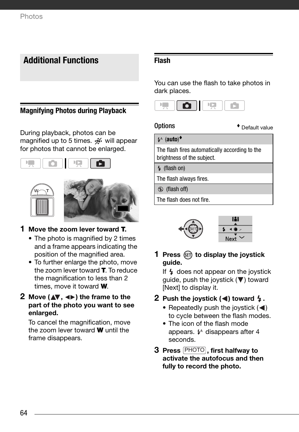 Additional functions, Magnifying photos during playback, Flash | Canon HG20 User Manual | Page 64 / 129