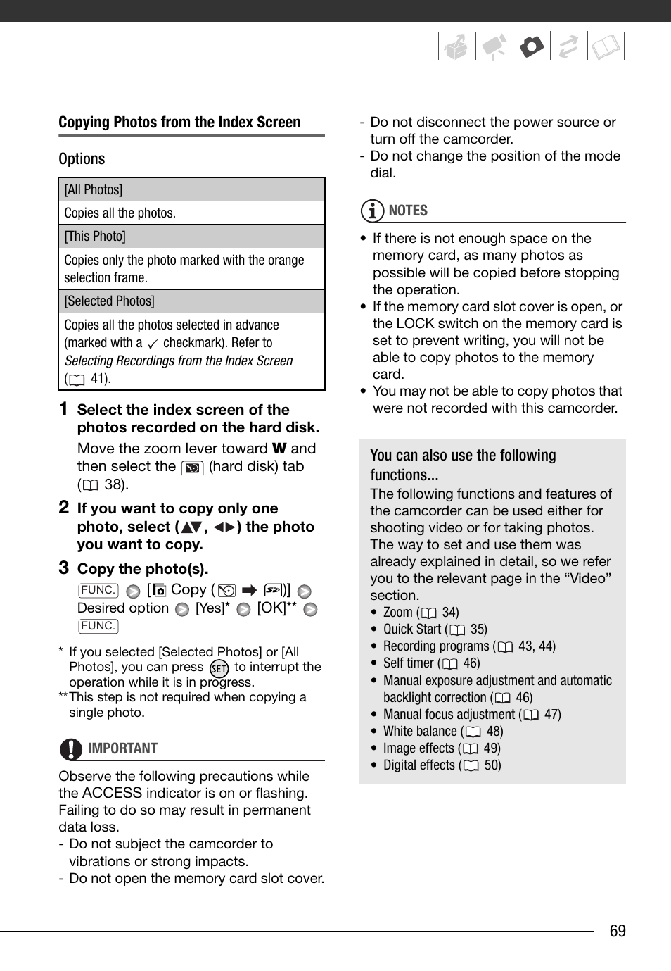 Other functions you can use when taking photos | Canon HG20 User Manual | Page 69 / 129