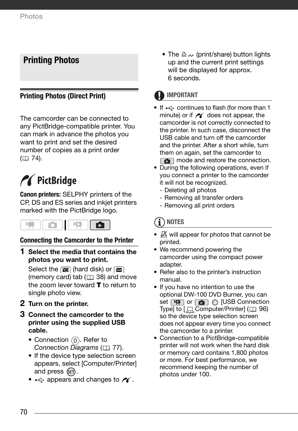 Printing photos, Printing photos (direct print) | Canon HG20 User Manual | Page 70 / 129