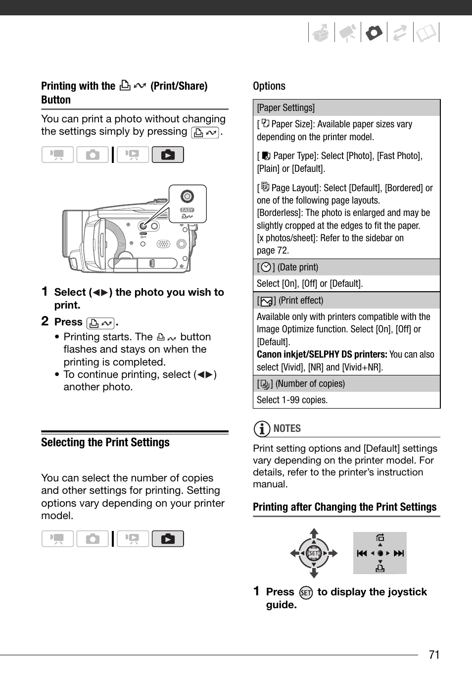 Selecting the print settings | Canon HG20 User Manual | Page 71 / 129