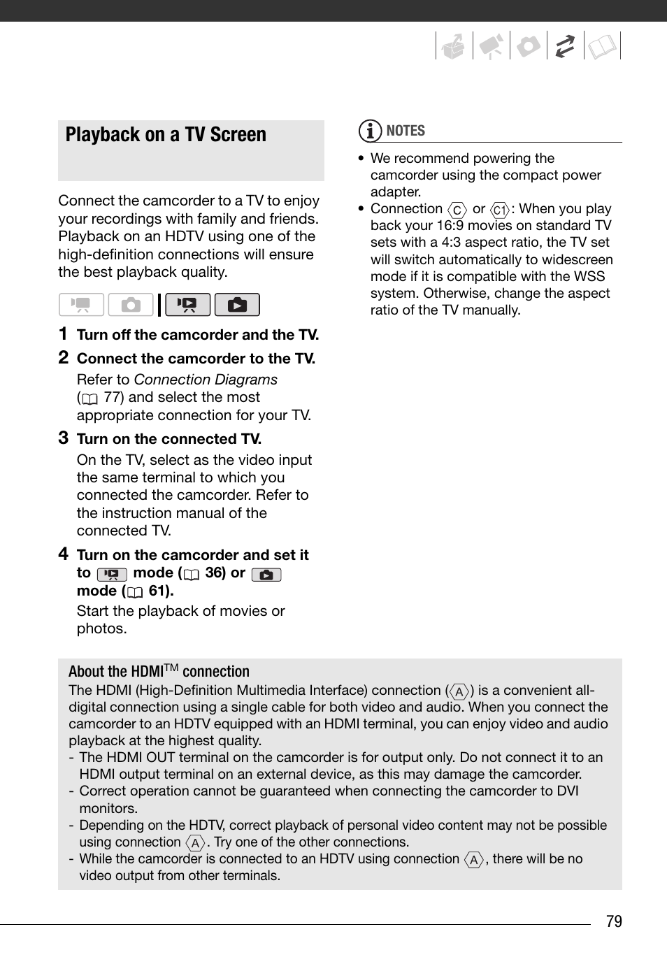 Playback on a tv screen | Canon HG20 User Manual | Page 79 / 129