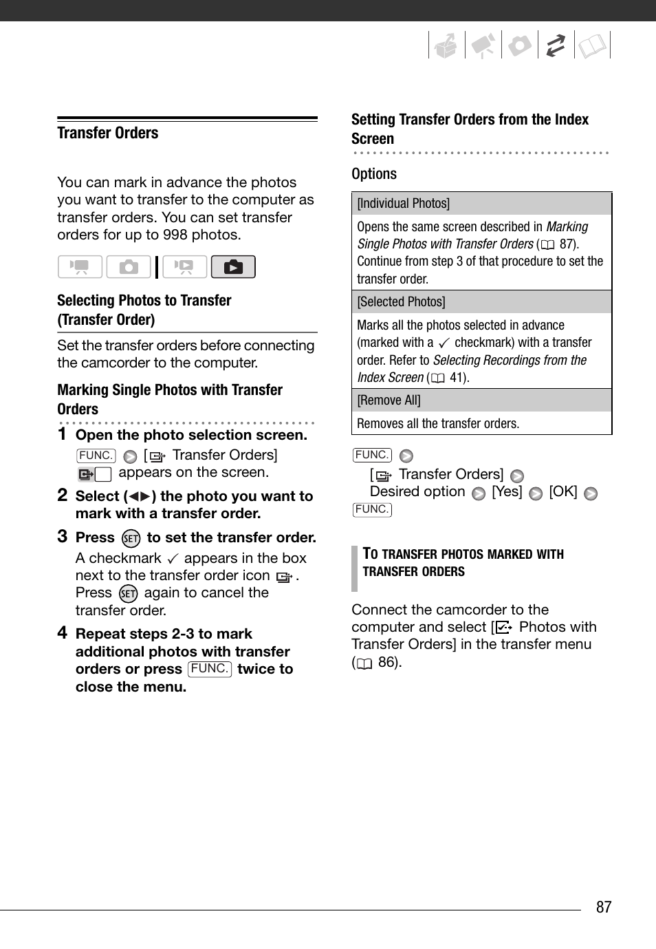 Transfer orders | Canon HG20 User Manual | Page 87 / 129