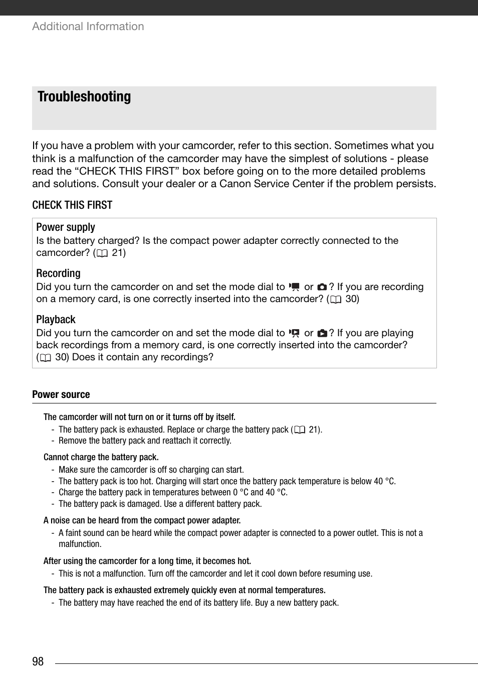 Trouble, Troubleshooting | Canon HG20 User Manual | Page 98 / 129