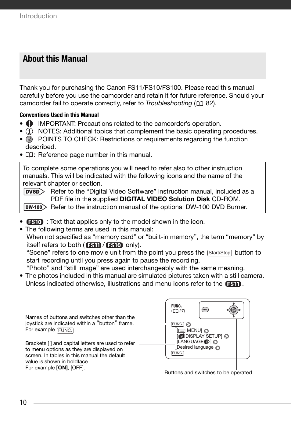 About this manual, Introduction | Canon FS10 User Manual | Page 10 / 110