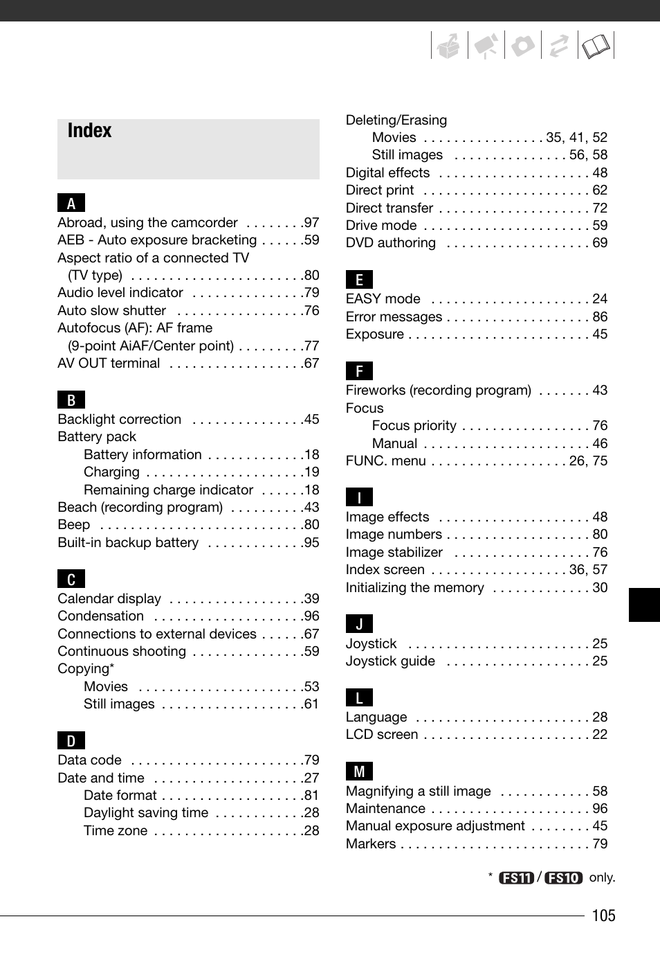 Index | Canon FS10 User Manual | Page 105 / 110