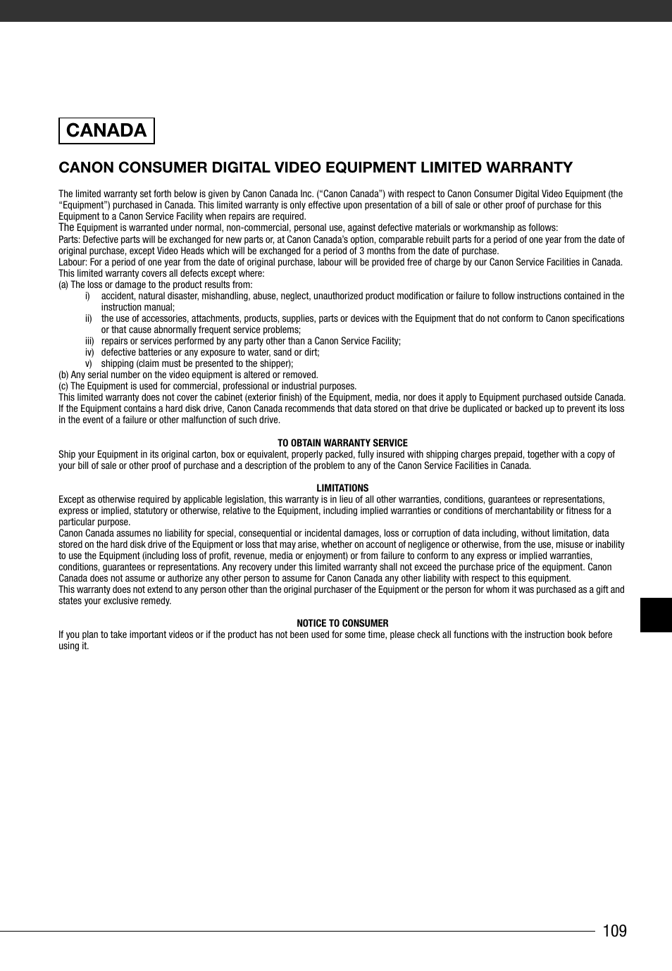 Canada | Canon FS10 User Manual | Page 109 / 110